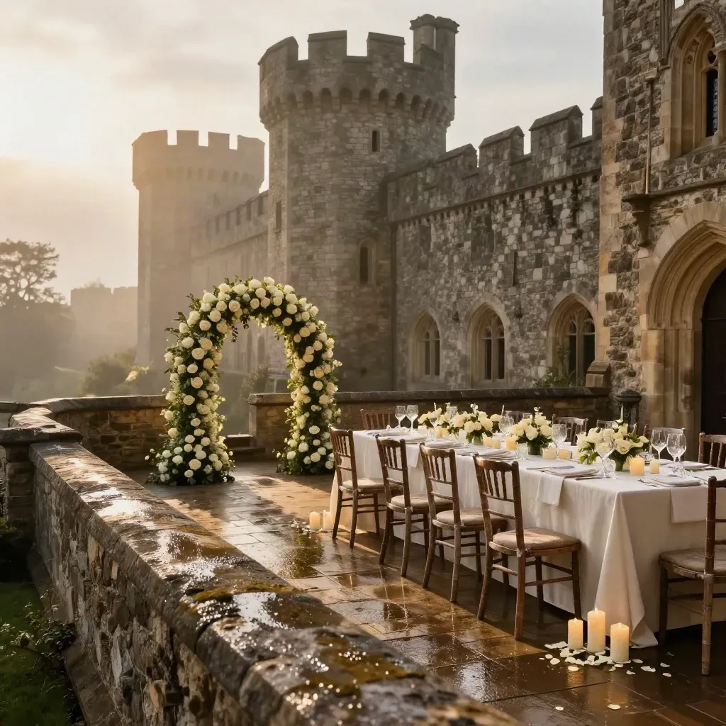 Kamenná hradní terasa se svatebním obloukem, svíčkami a prostřenými stoly po obřadu.