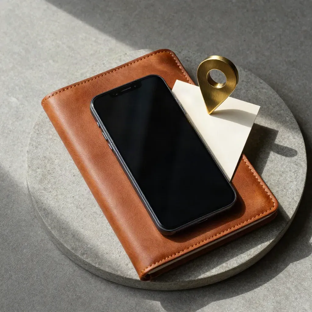 Smartphone, mosazný pin a kožený diář na betonovém podkladu pro novou rezervaci.